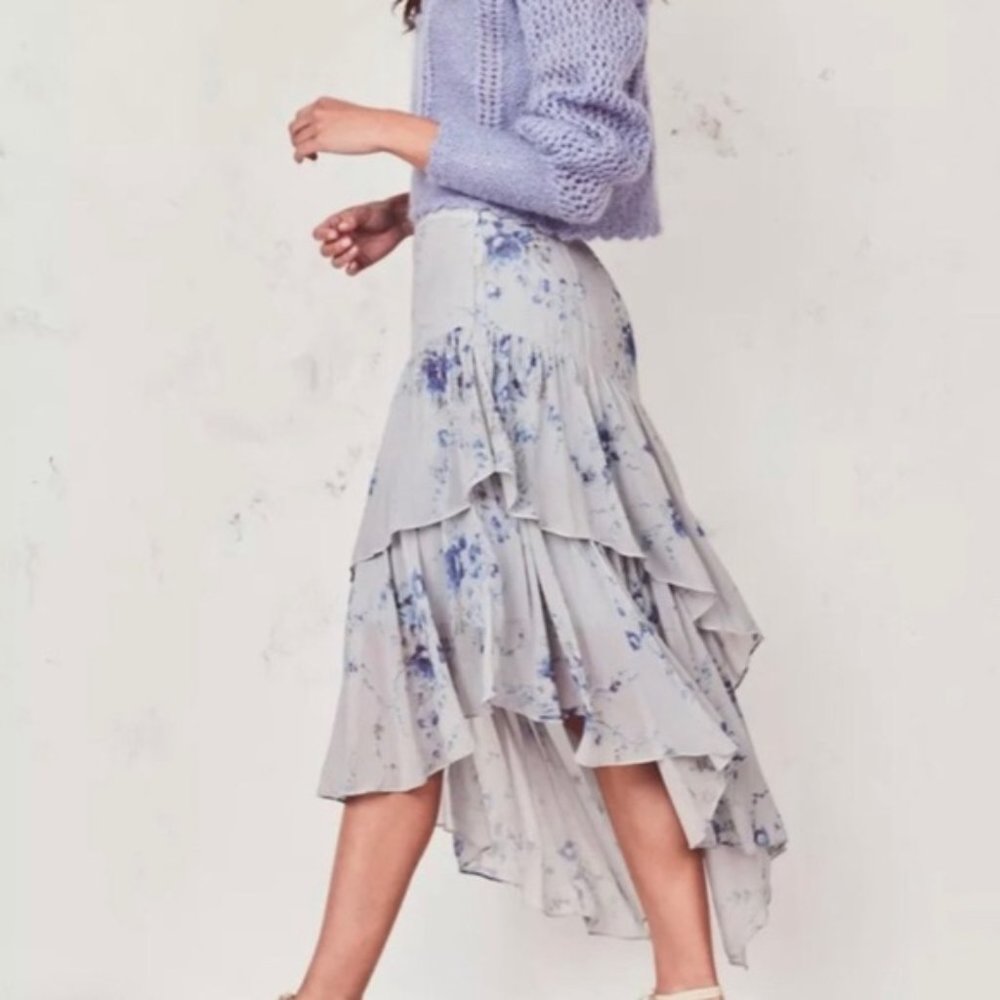 LoveShackFancy Blue Floral Rowan Silk Asymmetrical Skirt Size P - Picture 3 of 13